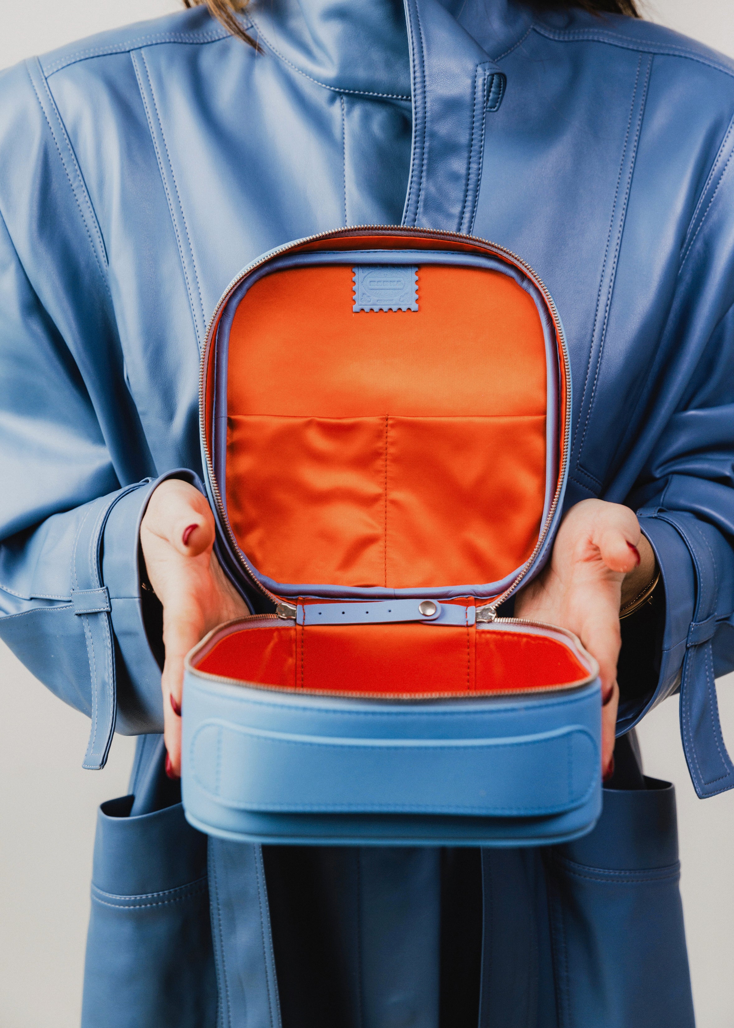 Cosmetic Travel Case - Sundown Sky - Blue Leather with Orange Fabric Inside