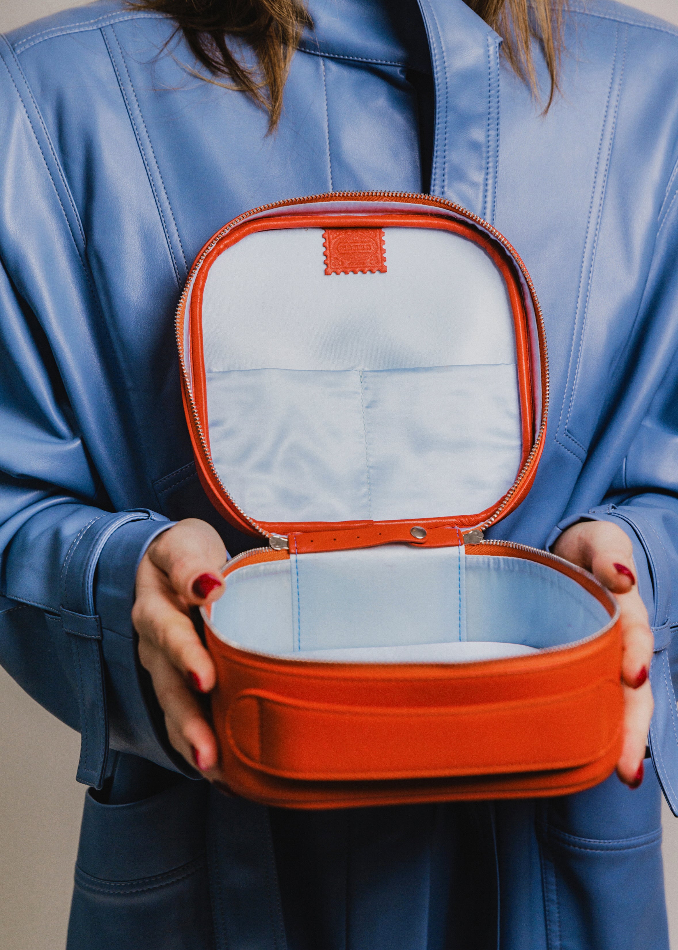 Cosmetic Travel Case - Sunrise Mist - Orange Leather with Baby Blue Fabric Inside