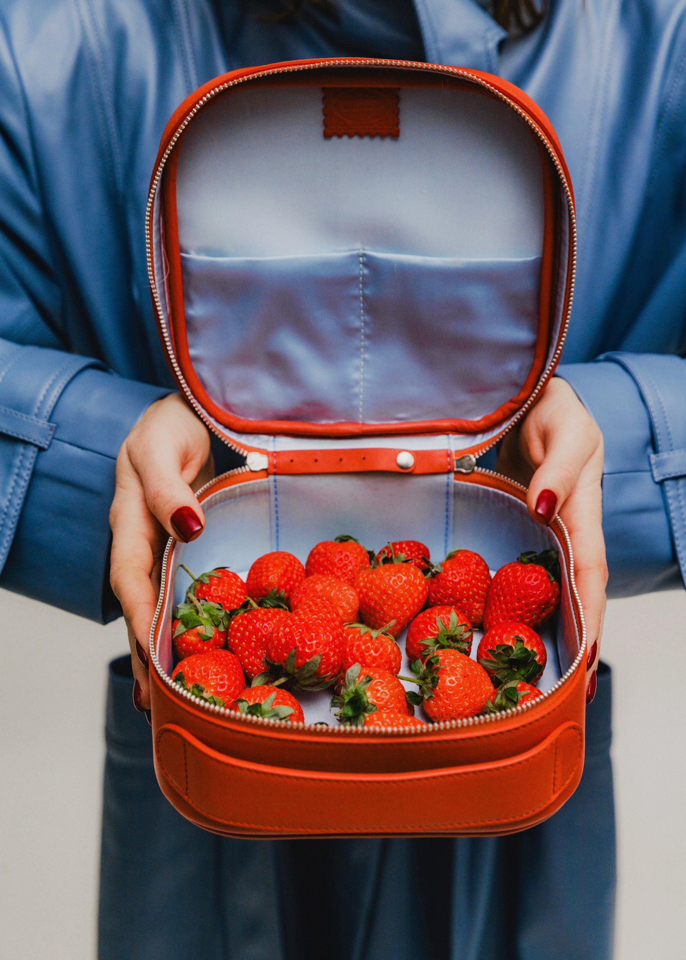 Cosmetic Travel Case - Sunrise Mist - Orange Leather with Baby Blue Fabric Inside