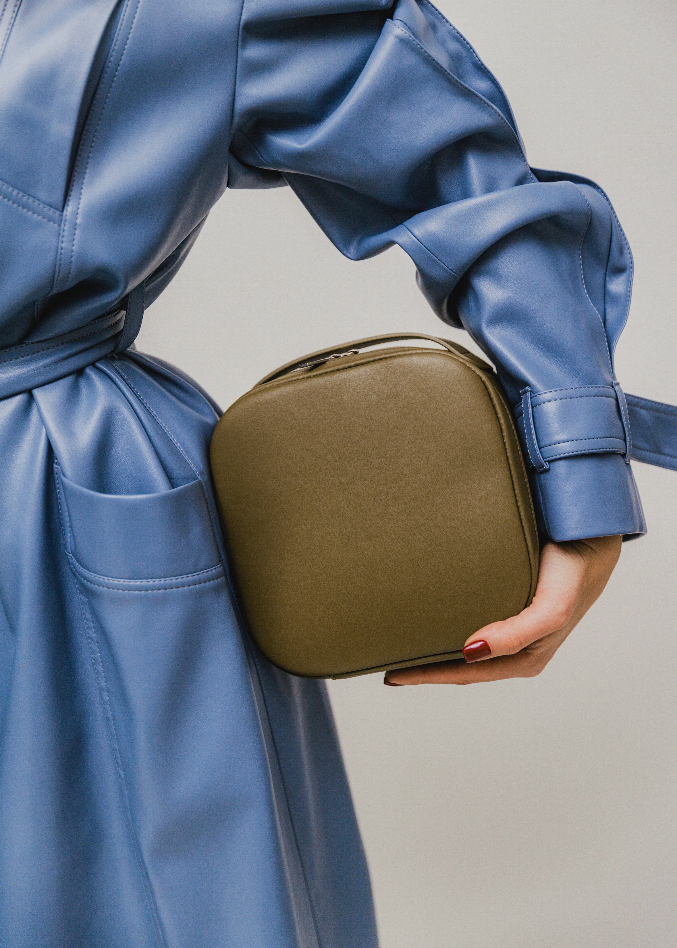 Cosmetic Travel Case - Autumn Glow - Olive Leather with Orange Fabric Inside