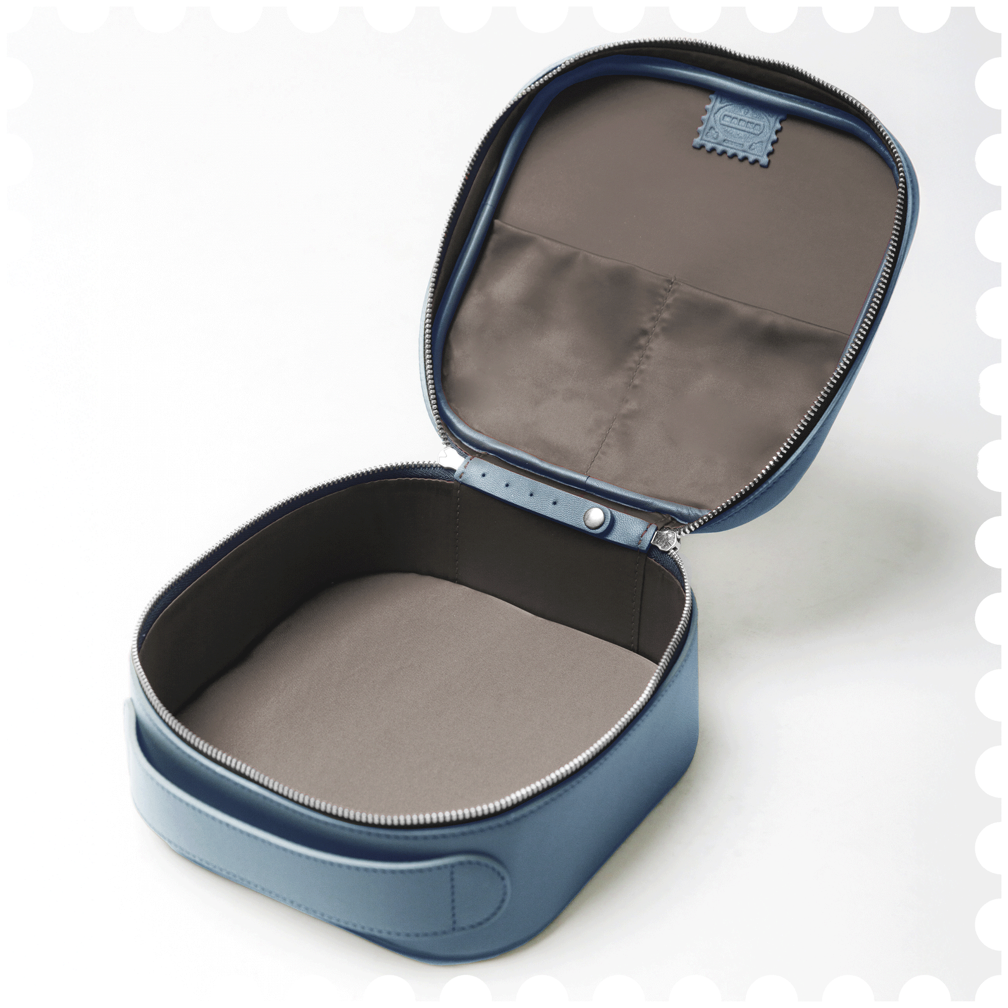 Cosmetic Travel Case - Stormy Sea - Blue Leather with Grey Fabric Inside