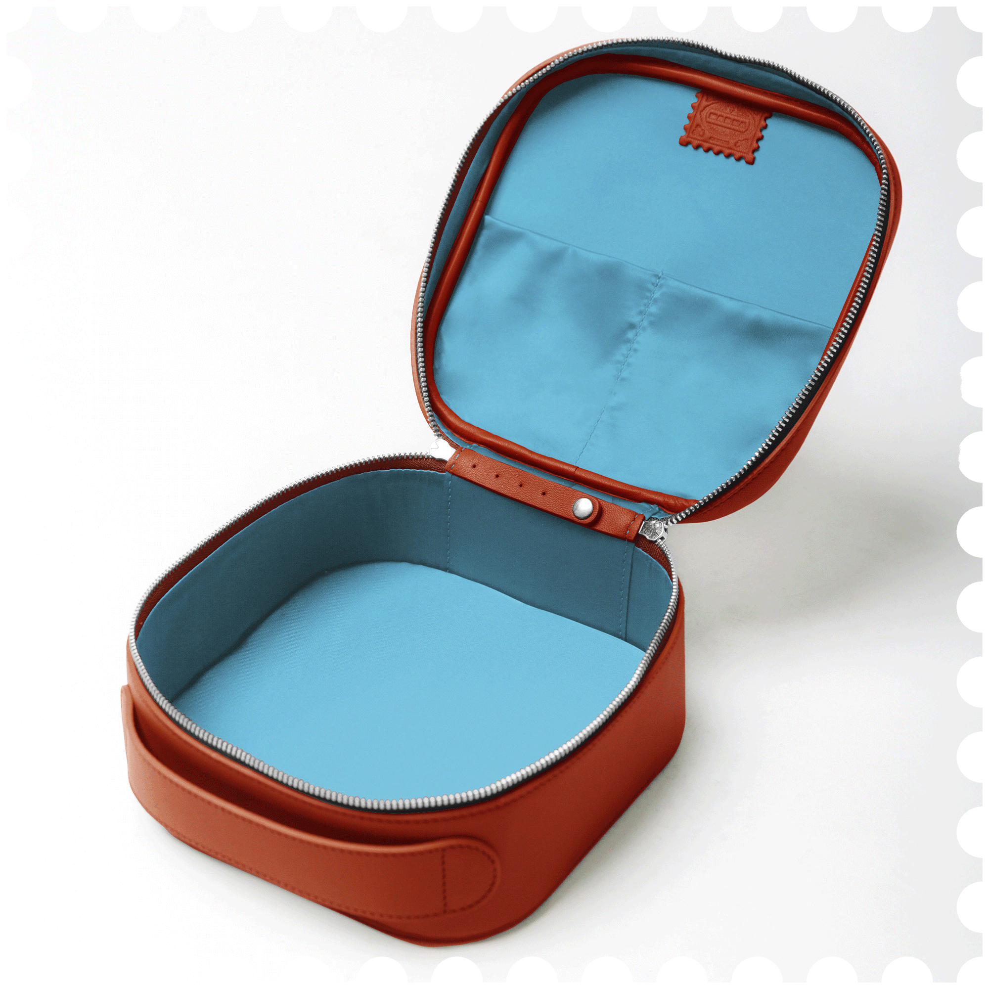 Cosmetic Travel Case - Citrus Splash - Orange Leather with Bright Blue Fabric Inside