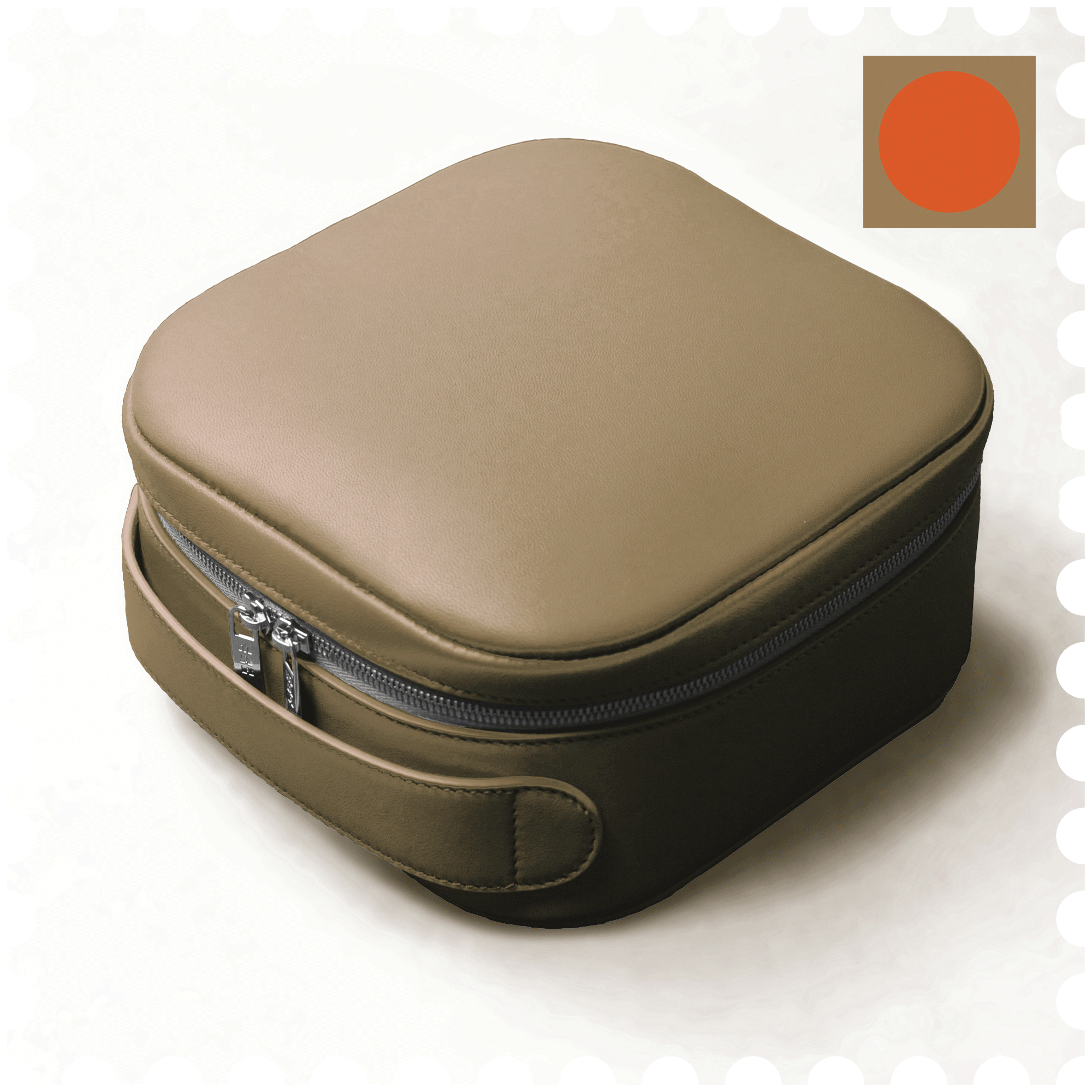 Cosmetic Travel Case - Autumn Glow - Olive Leather with Orange Fabric Inside