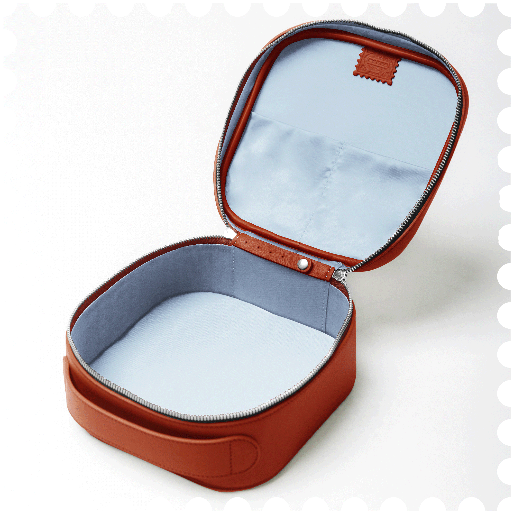 Cosmetic Travel Case - Sunrise Mist - Orange Leather with Baby Blue Fabric Inside