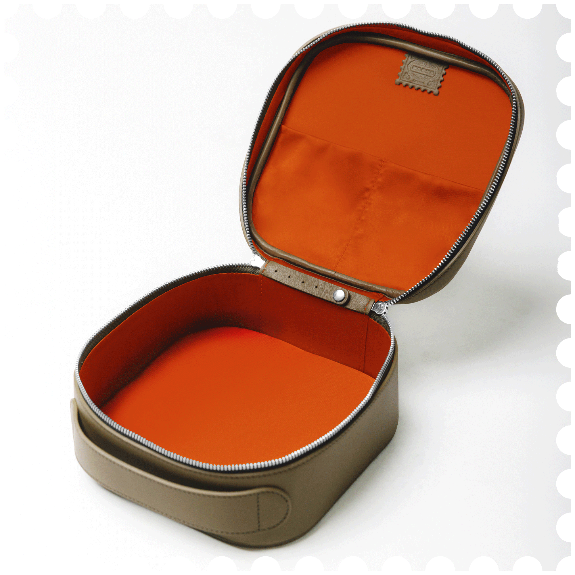 Cosmetic Travel Case - Autumn Glow - Olive Leather with Orange Fabric Inside